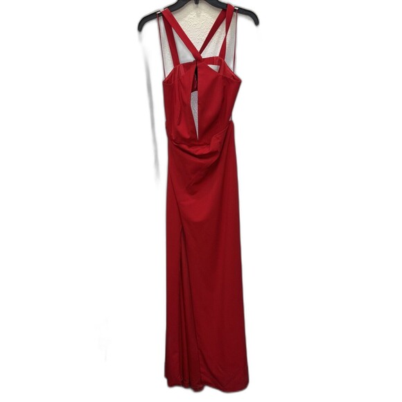 Michelle Mason Maxi Dress Women 10 Gown Halter Top Hook Slit Red V Neck Zip - Picture 5 of 16